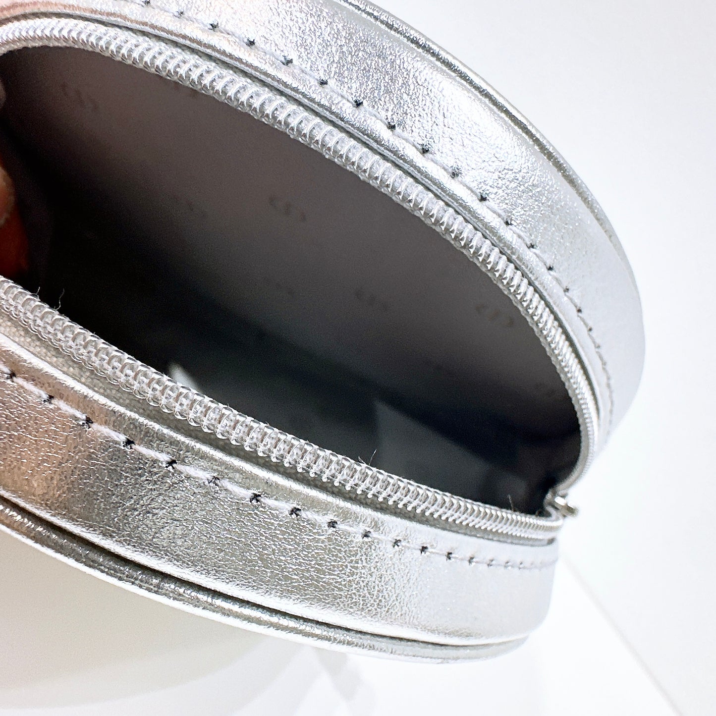 Dior Silver Round Leather Pouch Cosmetic Case Limited Novelty Boxed Authentic