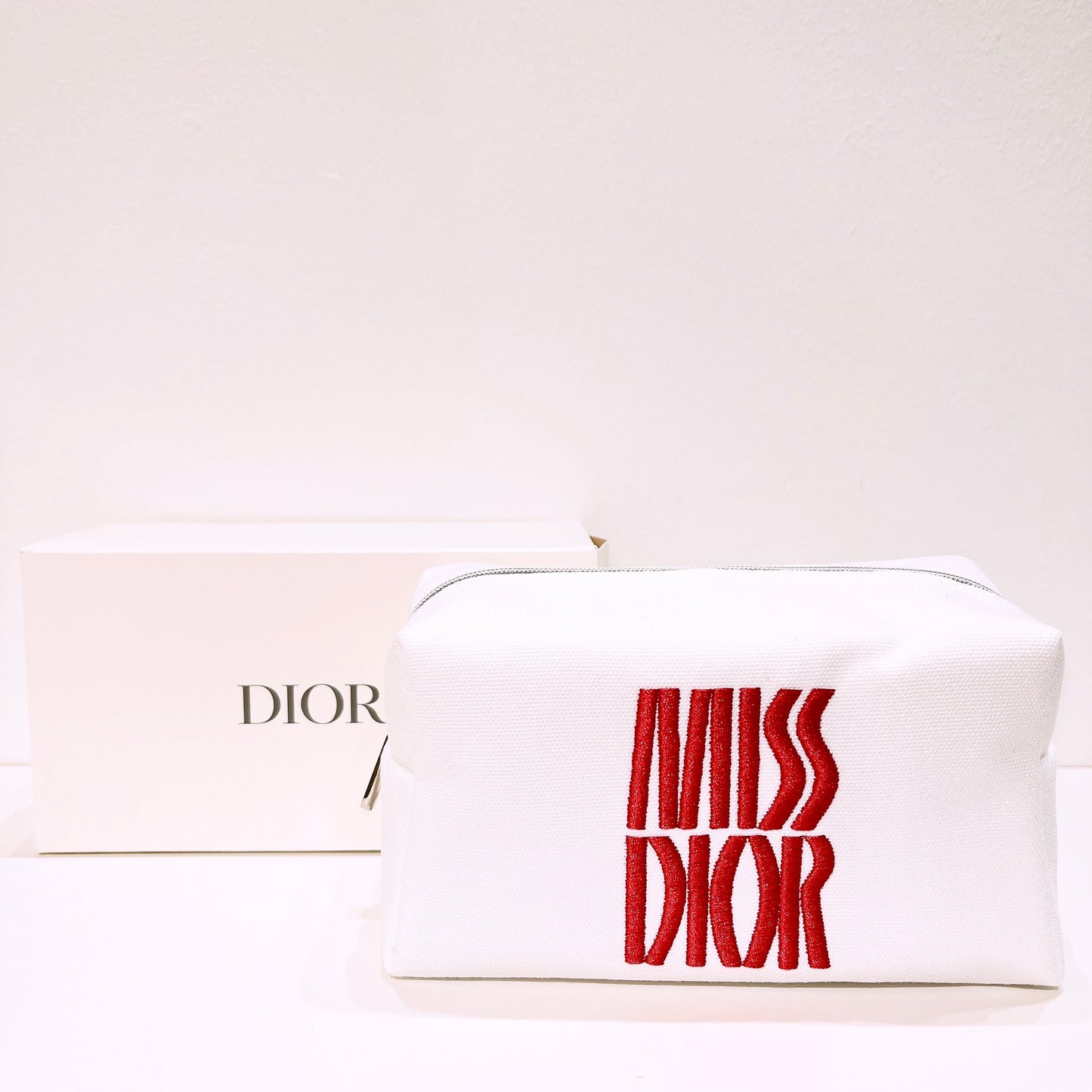 Miss Dior Logo Embroidered White Makeup Bag