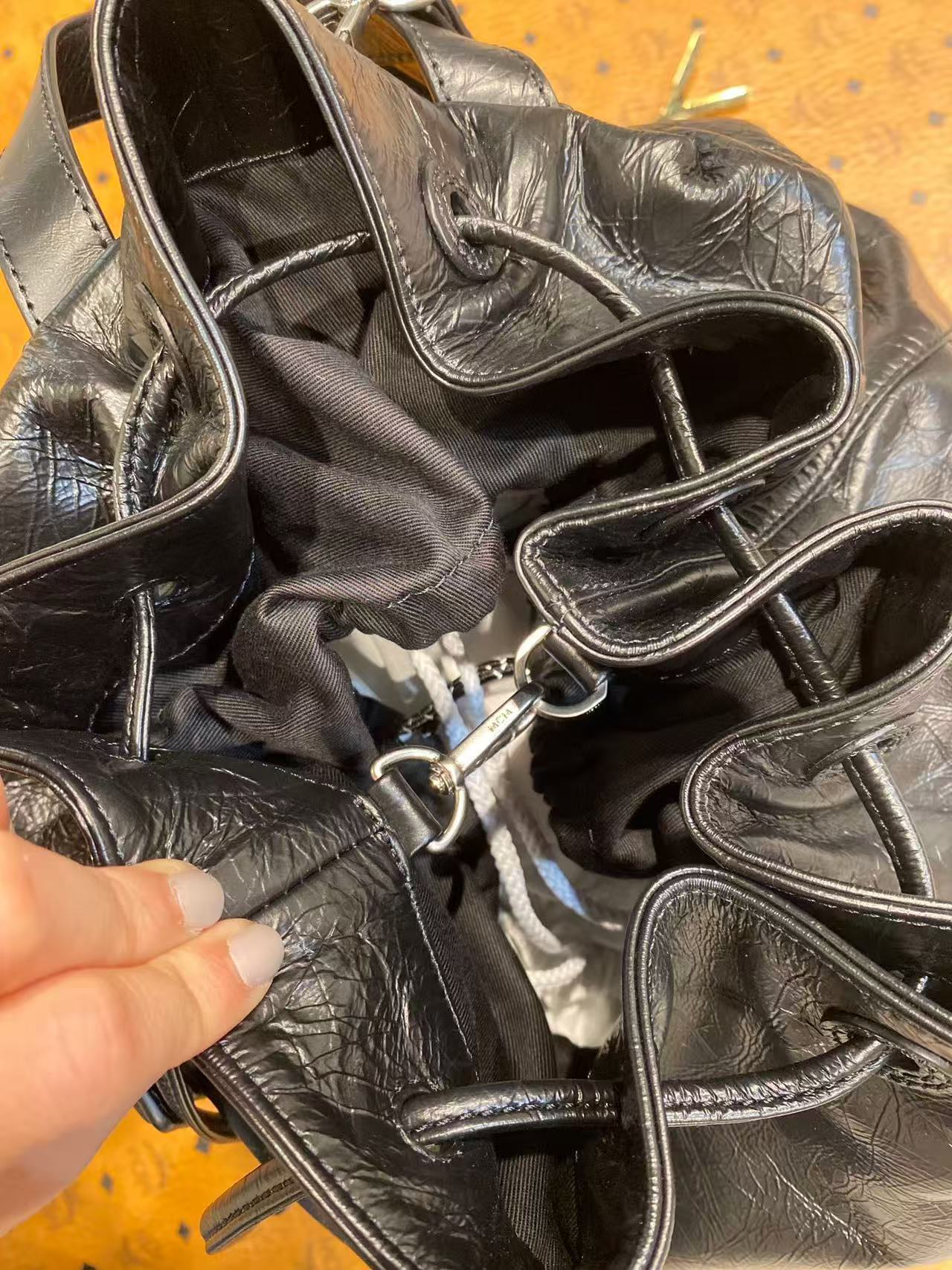 (Preorder) MCM Black Medium Italian Soft leather drawstring Backpack