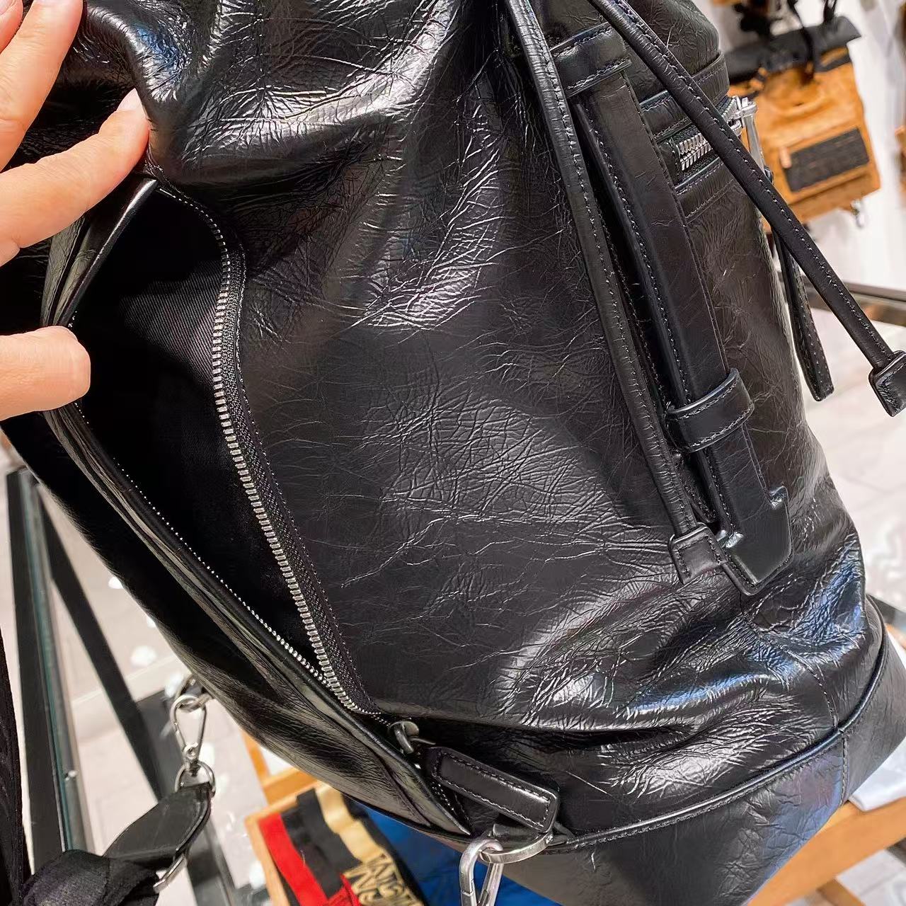 (Preorder) MCM Black Medium Italian Soft leather drawstring Backpack