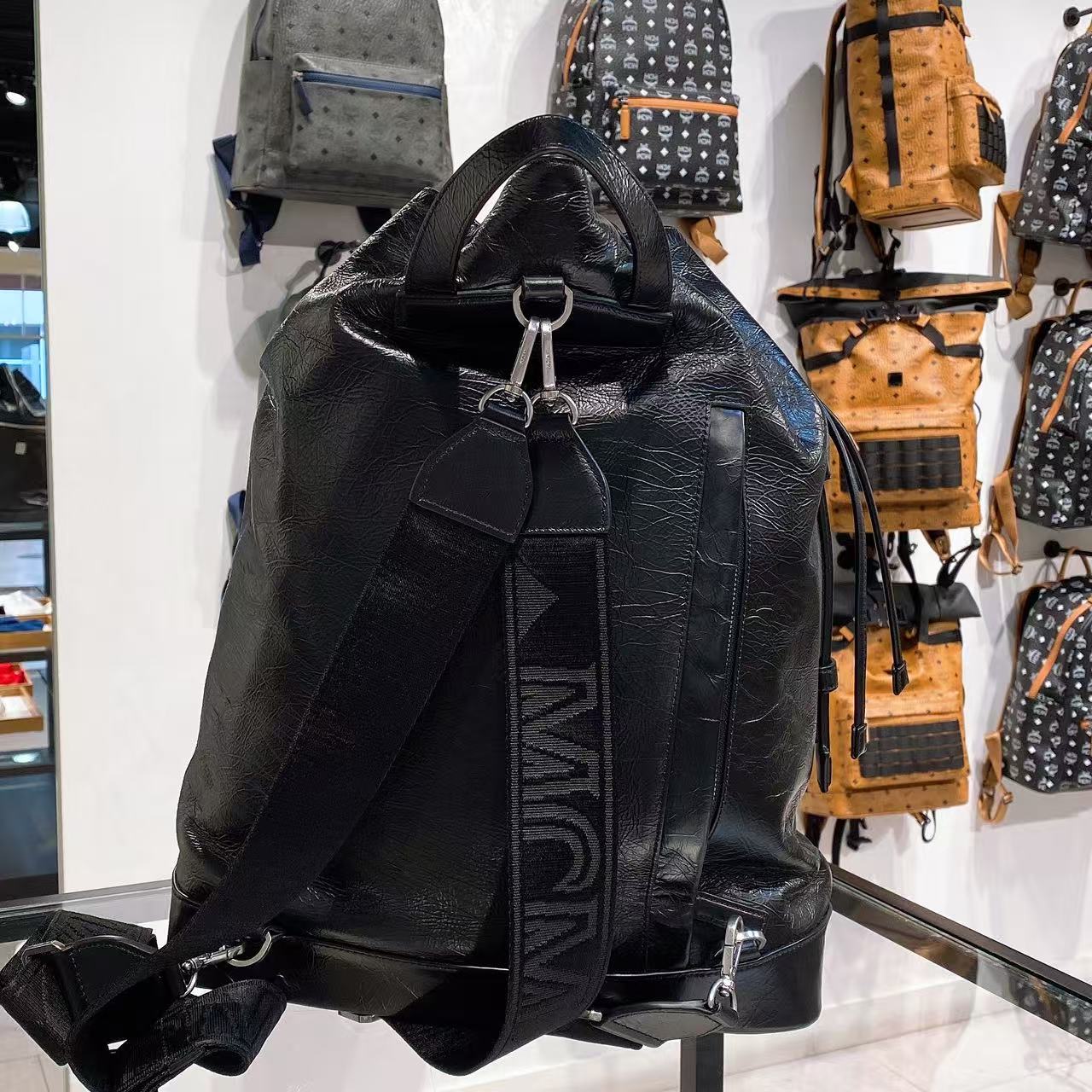 (Preorder) MCM Black Medium Italian Soft leather drawstring Backpack
