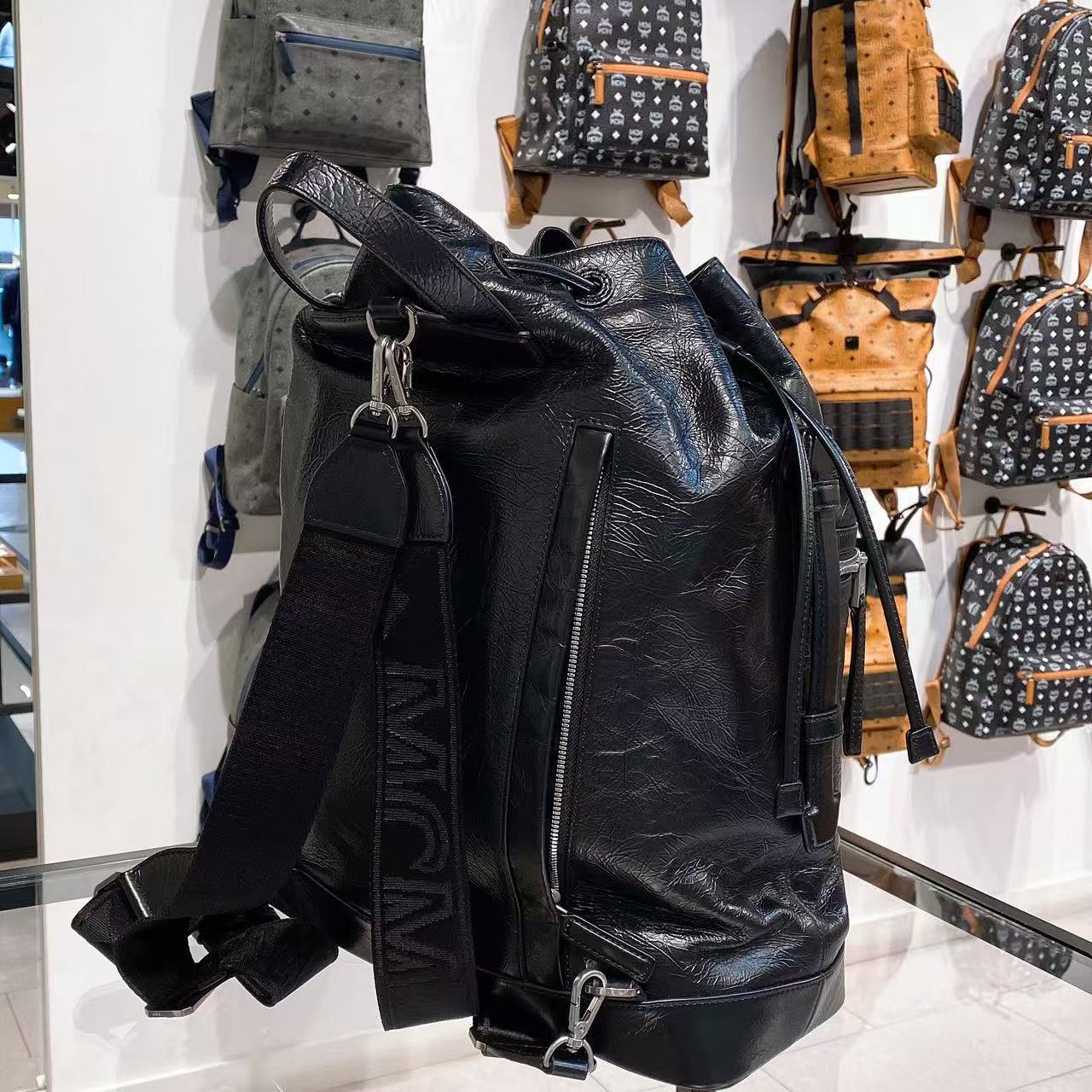 (Preorder) MCM Black Medium Italian Soft leather drawstring Backpack