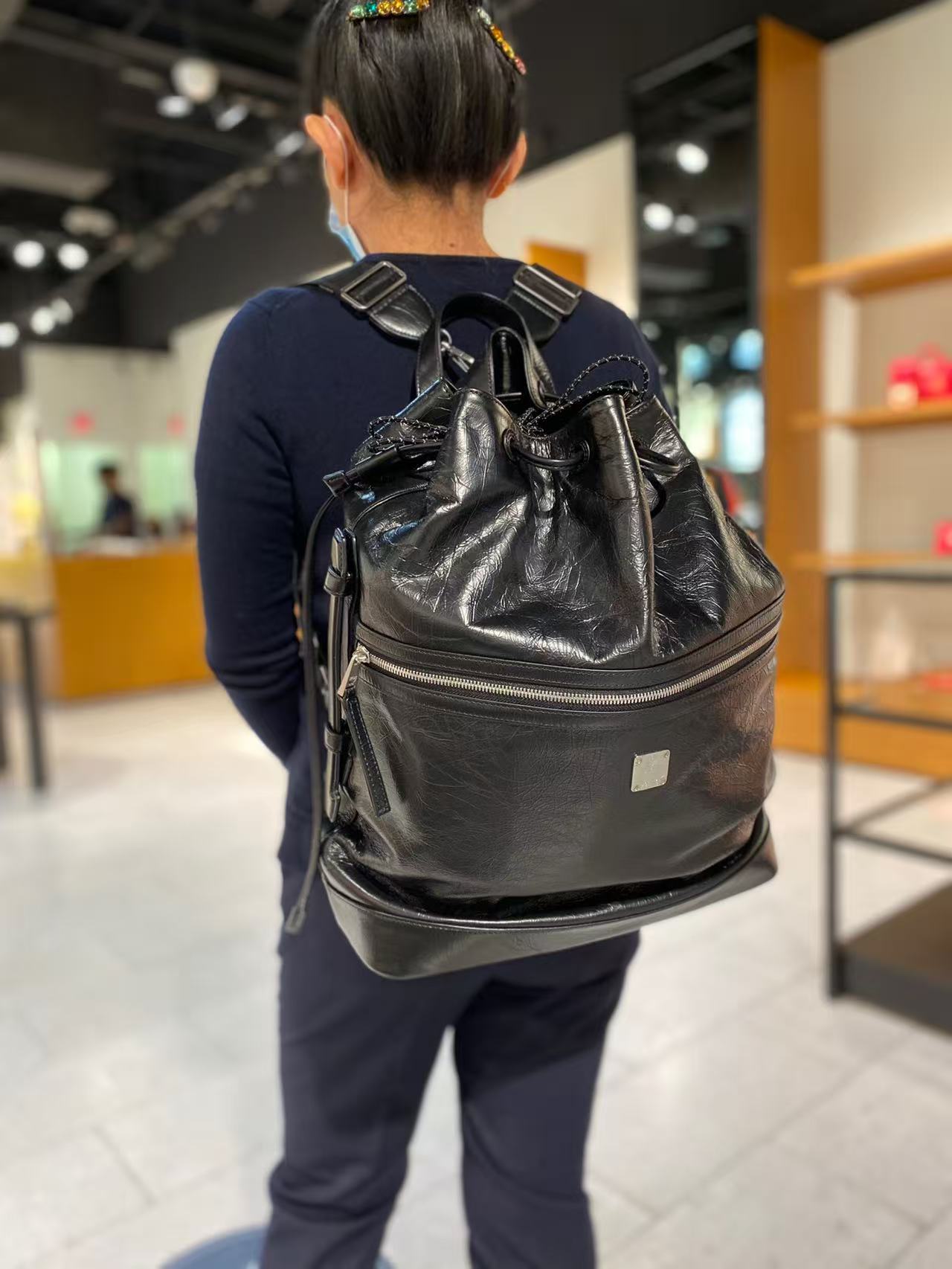 (Preorder) MCM Black Medium Italian Soft leather drawstring Backpack