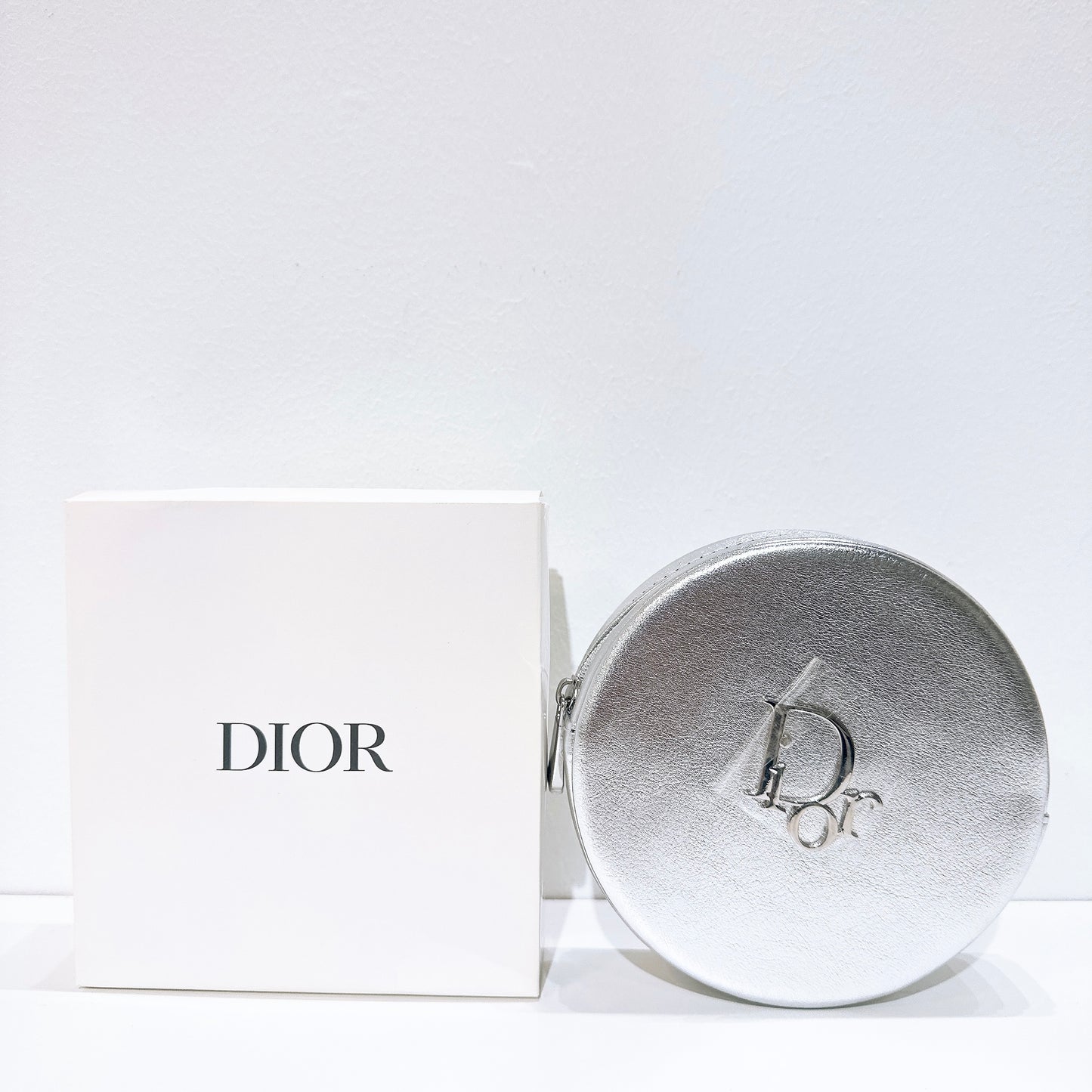Dior Silver Round Leather Pouch Cosmetic Case Limited Novelty Boxed Authentic