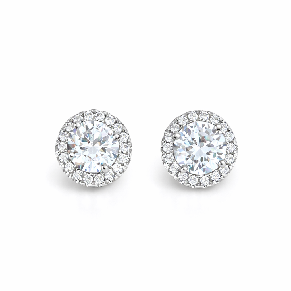 Sterling Silver Round Cut Halo Earrings
