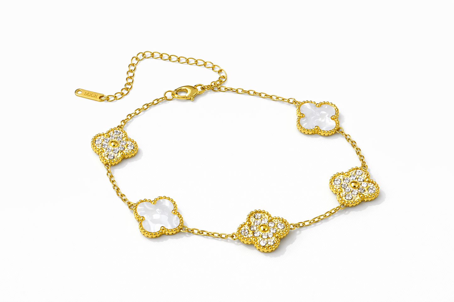 A four-leaf clover gold bracelet inlaid with white mother-of-the-shell