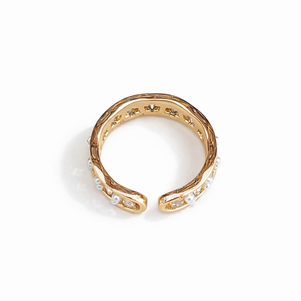 Golden pearl crystal open ring