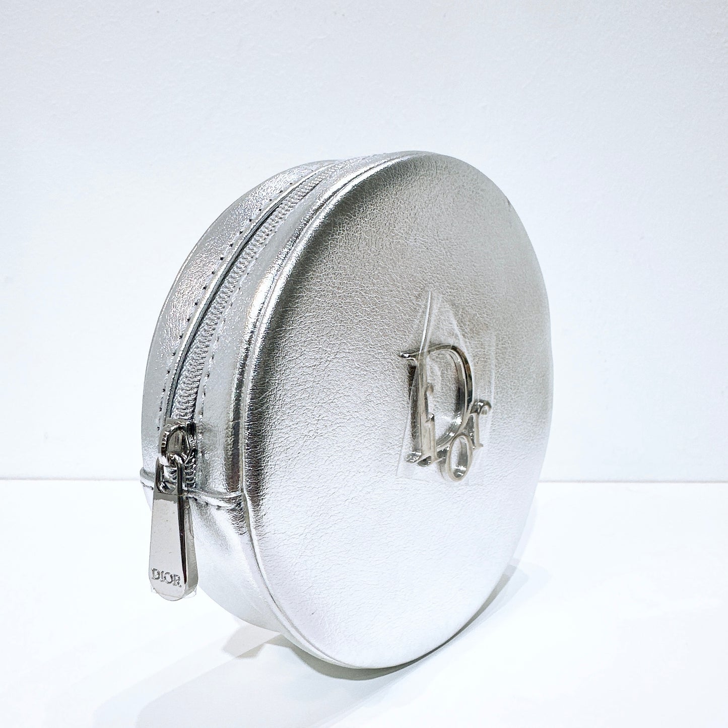 Dior Silver Round Leather Pouch Cosmetic Case Limited Novelty Boxed Authentic