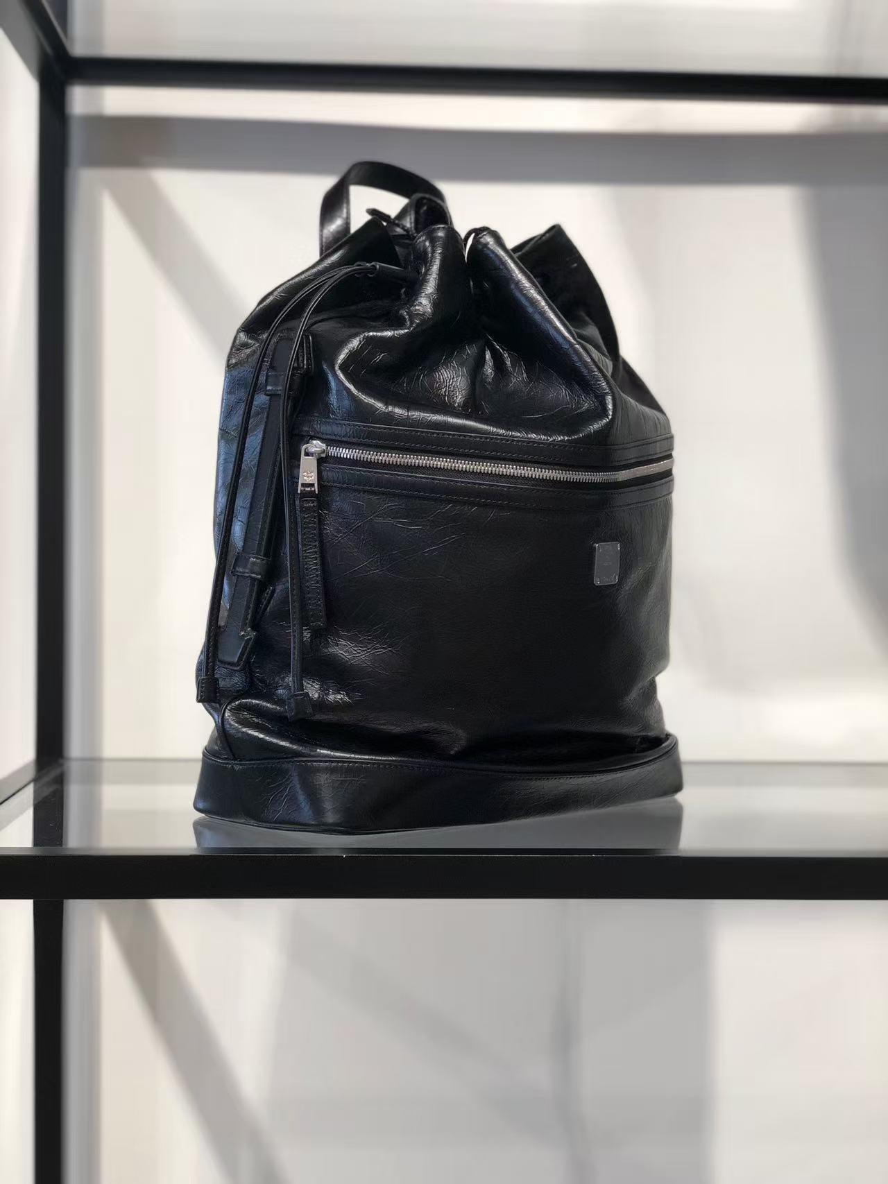 (Preorder) MCM Black Medium Italian Soft leather drawstring Backpack