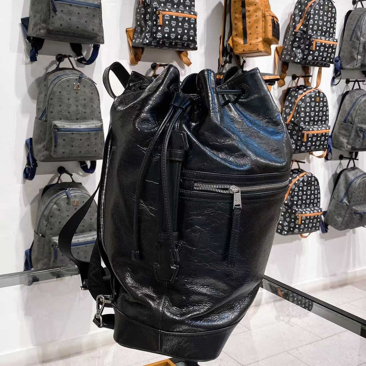 (Preorder) MCM Black Medium Italian Soft leather drawstring Backpack