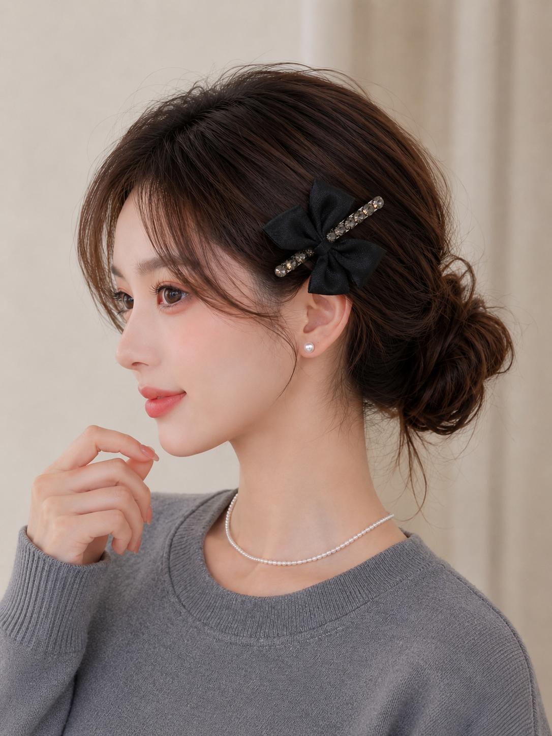 Korean Black Crystal Bow Hair Clip