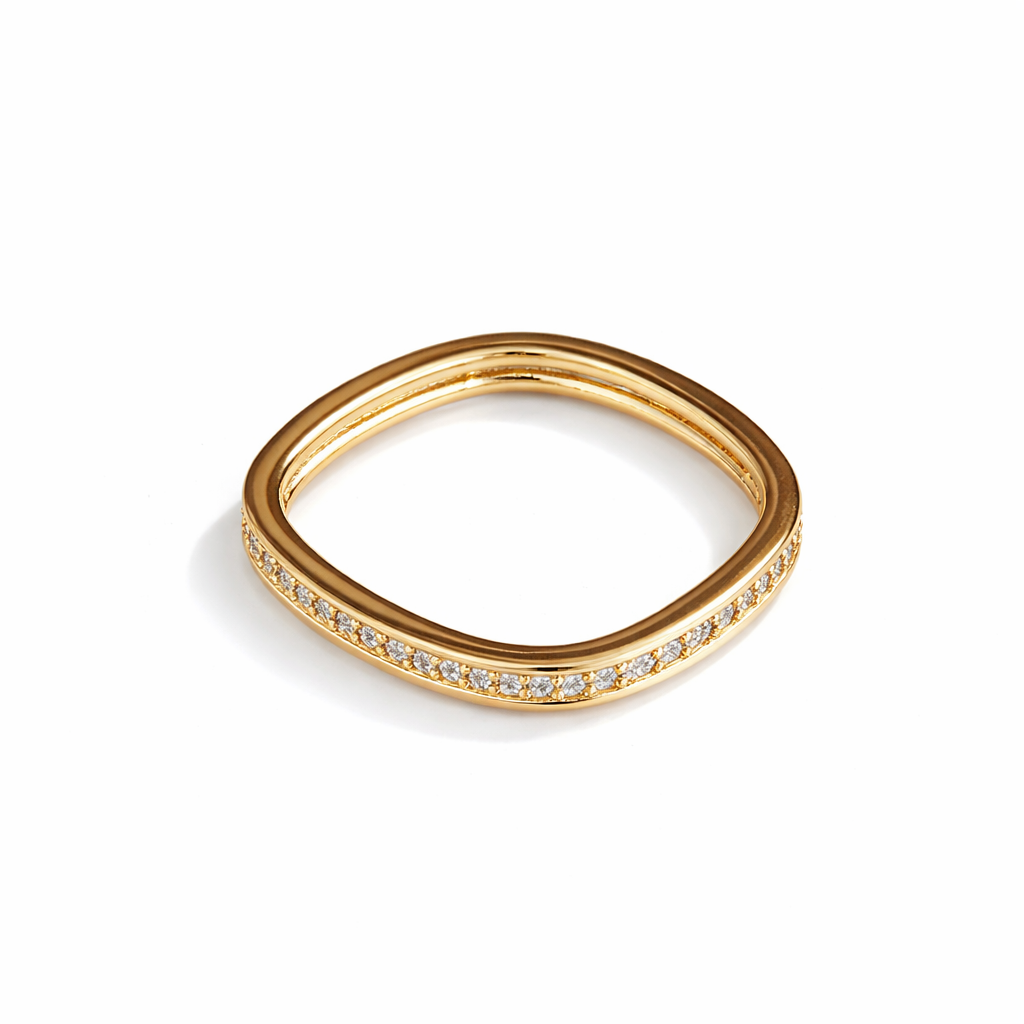 A square gold ring with diamonds