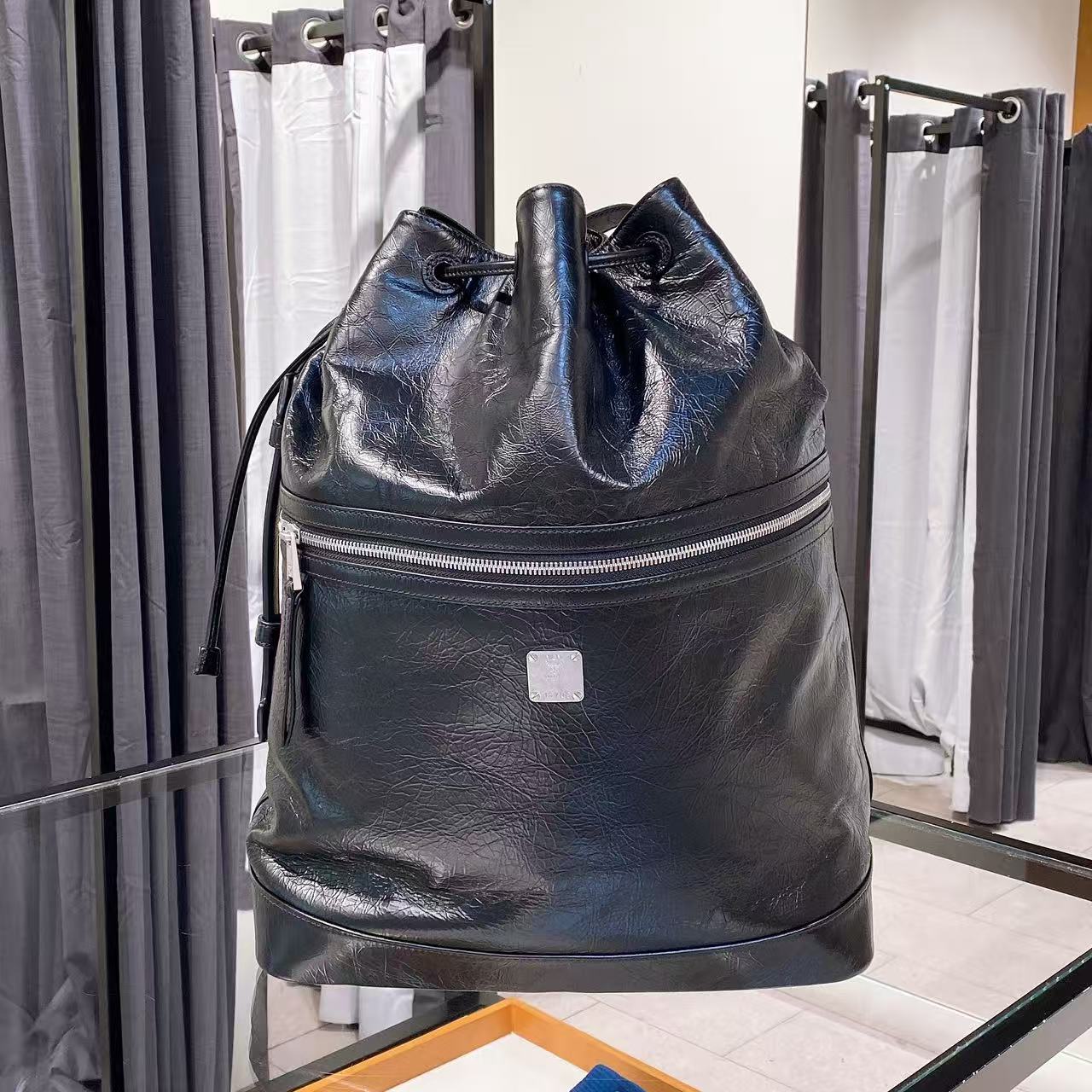 (Preorder) MCM Black Medium Italian Soft leather drawstring Backpack