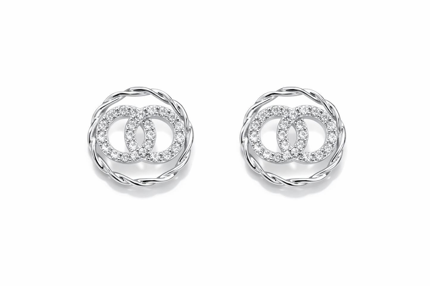 Double C Crystal Stud Earrings with Woven Frame | Silver Finish