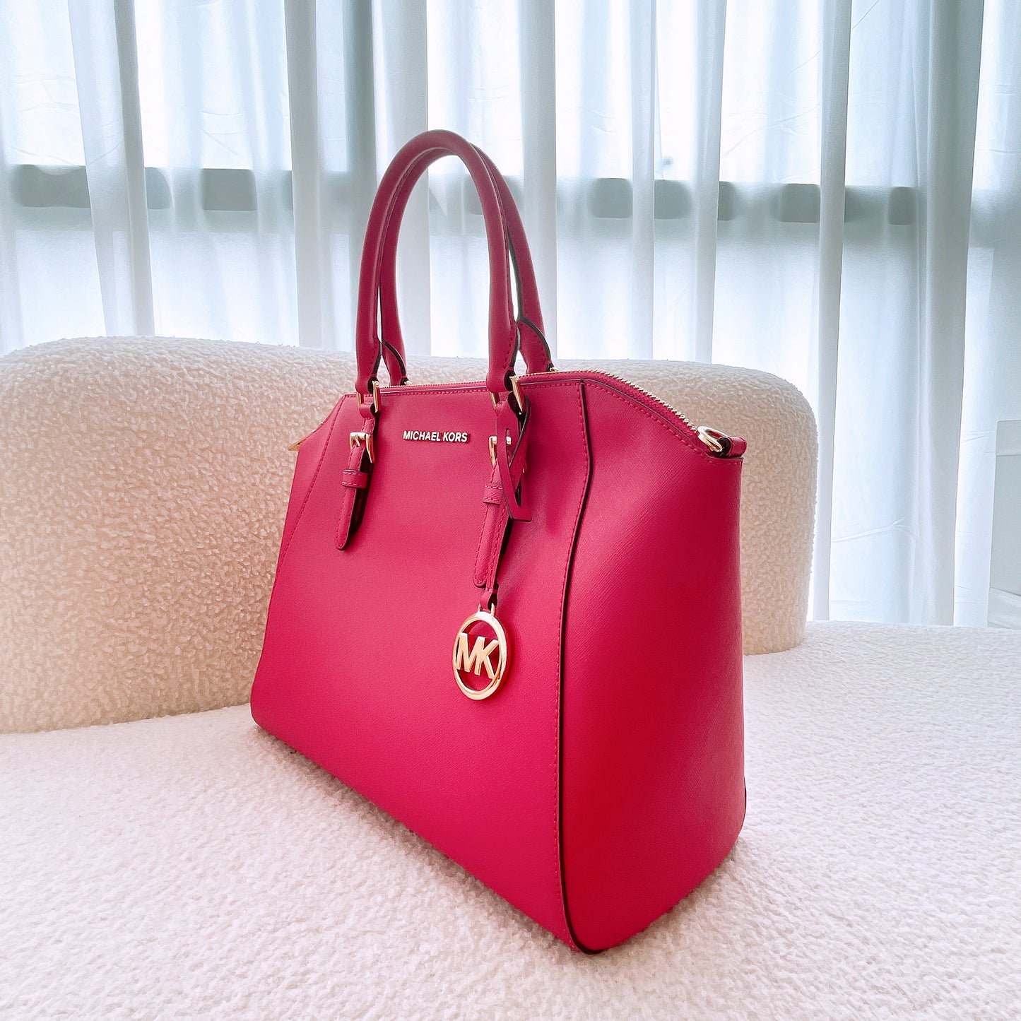 Michael Kors Ciara Large Top Zip Satchel Saffiano Leather Magenta