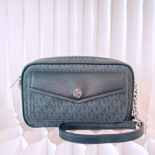 Michael Kors Jet Set Travel Medium Pocket Camera Crossbody Bag Black MK Signature Logo