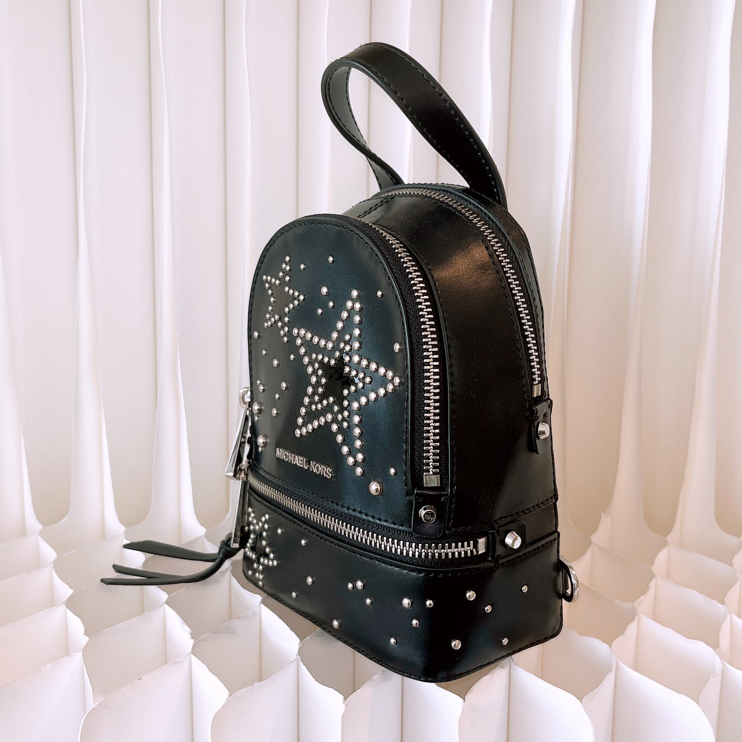 Michael Kors Black Rhea Studded Star Mini Messenger Zip Backpack Bag