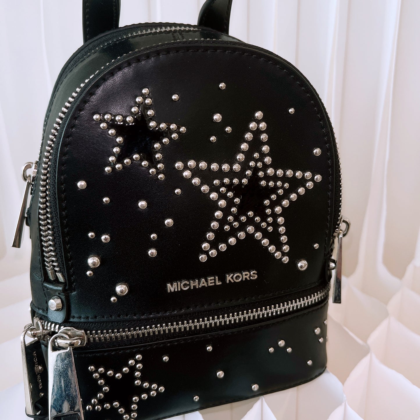 Michael Kors Black Rhea Studded Star Mini Messenger Zip Backpack Bag