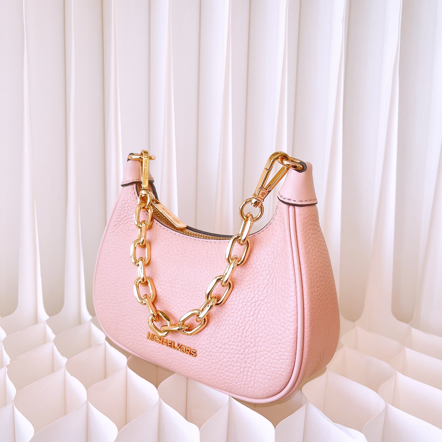 Michael Kors Cora Leather Mini Zip Pouchette Chain Shoulder Bag Powder Blush