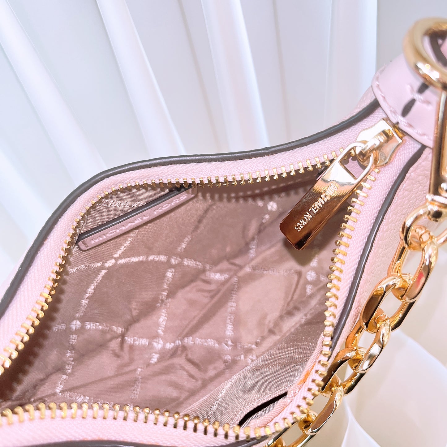 Michael Kors Cora Leather Mini Zip Pouchette Chain Shoulder Bag Powder Blush