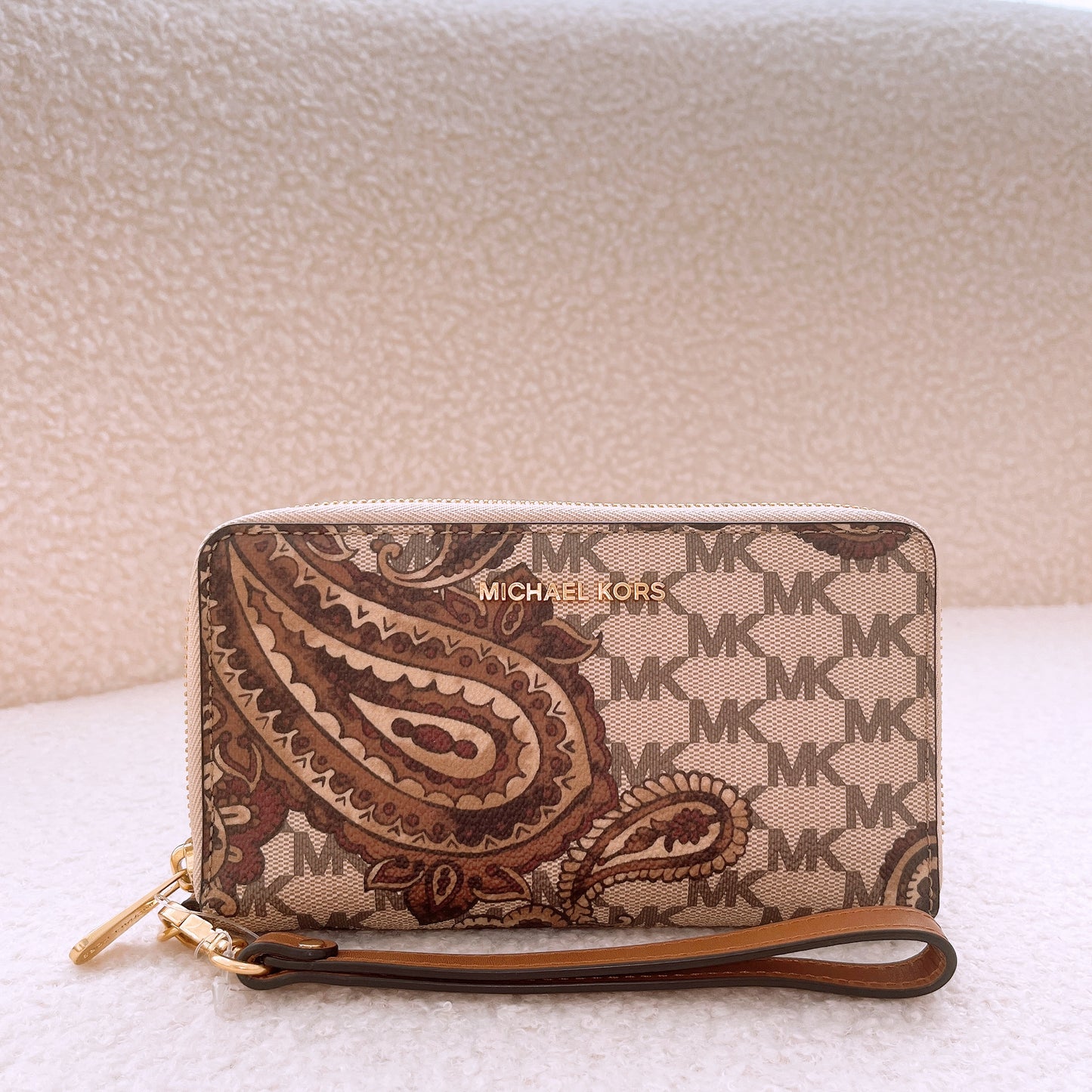 Michael Kors Paisley Continental Brown/Tan Leather Wristlet Wallet