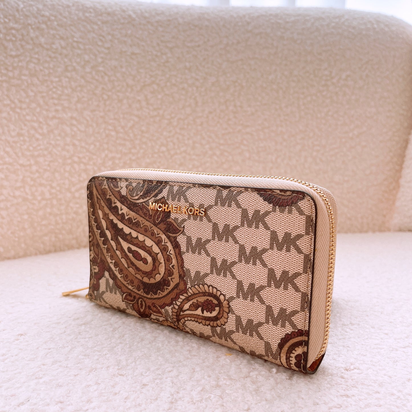 Michael Kors Paisley Continental Brown/Tan Leather Wristlet Wallet