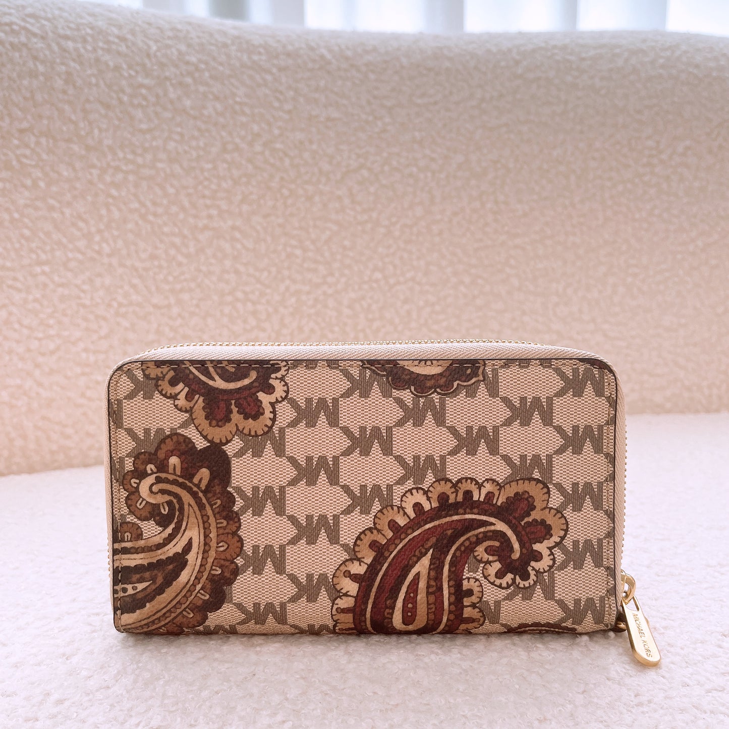 Michael Kors Paisley Continental Brown/Tan Leather Wristlet Wallet