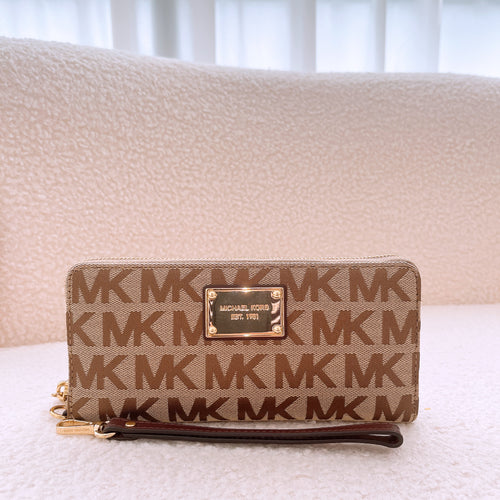 Michael Kors MK Logo Zip Around Continental Wallet in Beige, Ebony & Mocha