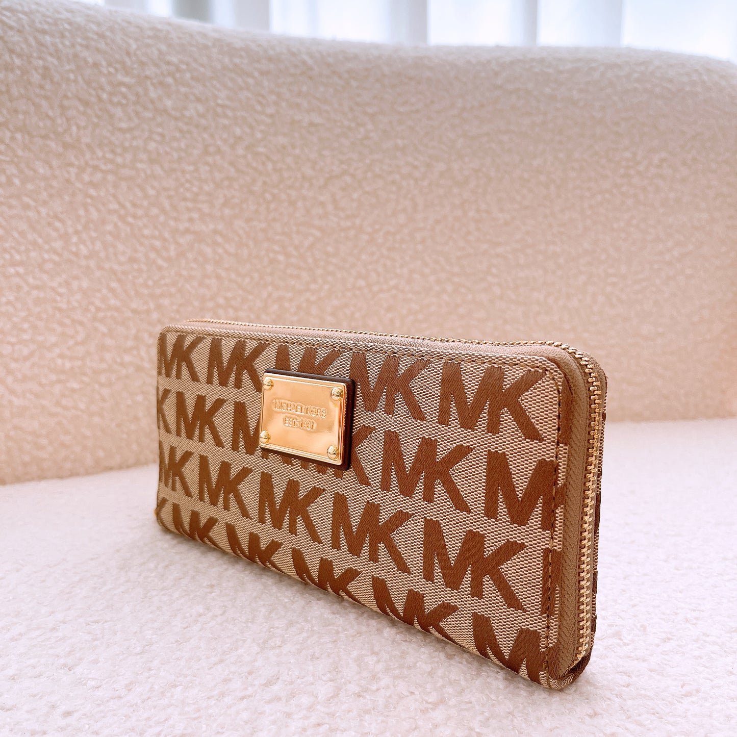 Michael Kors MK Logo Zip Around Continental Wallet in Beige, Ebony & Mocha