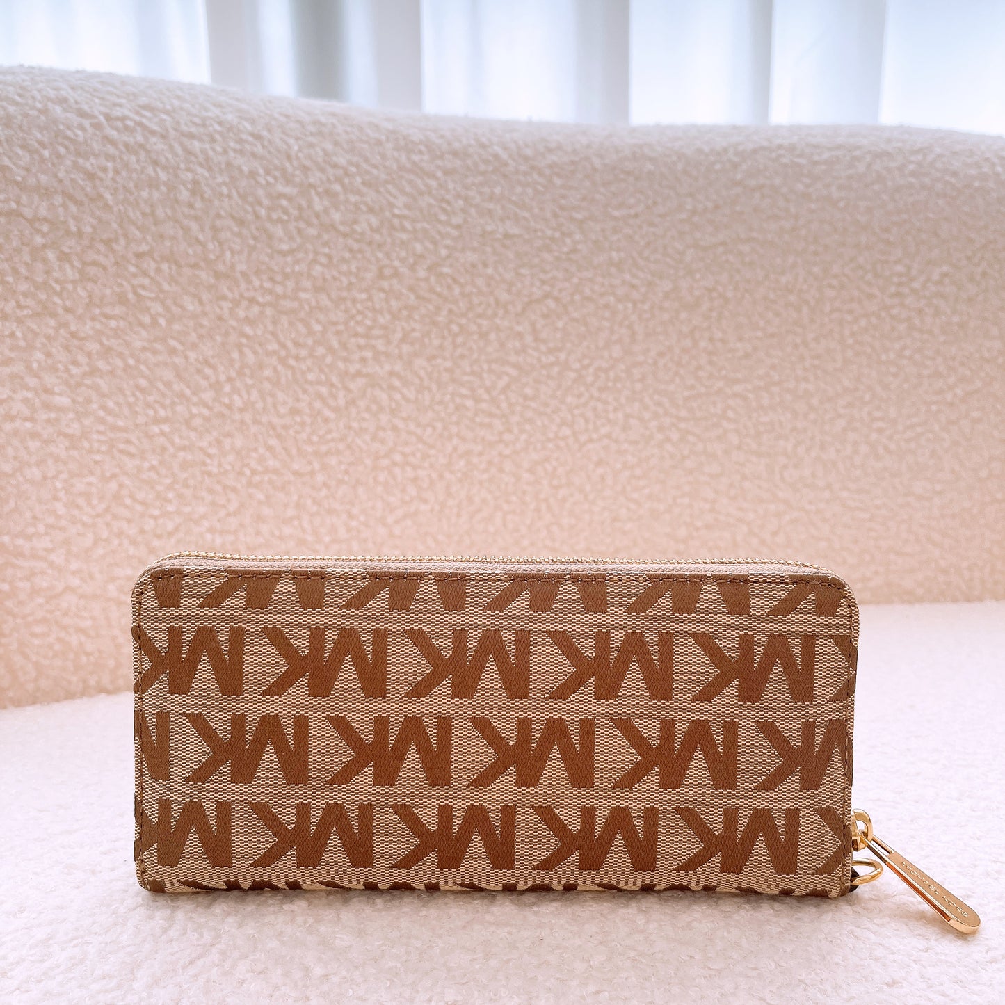 Michael Kors MK Logo Zip Around Continental Wallet in Beige, Ebony & Mocha