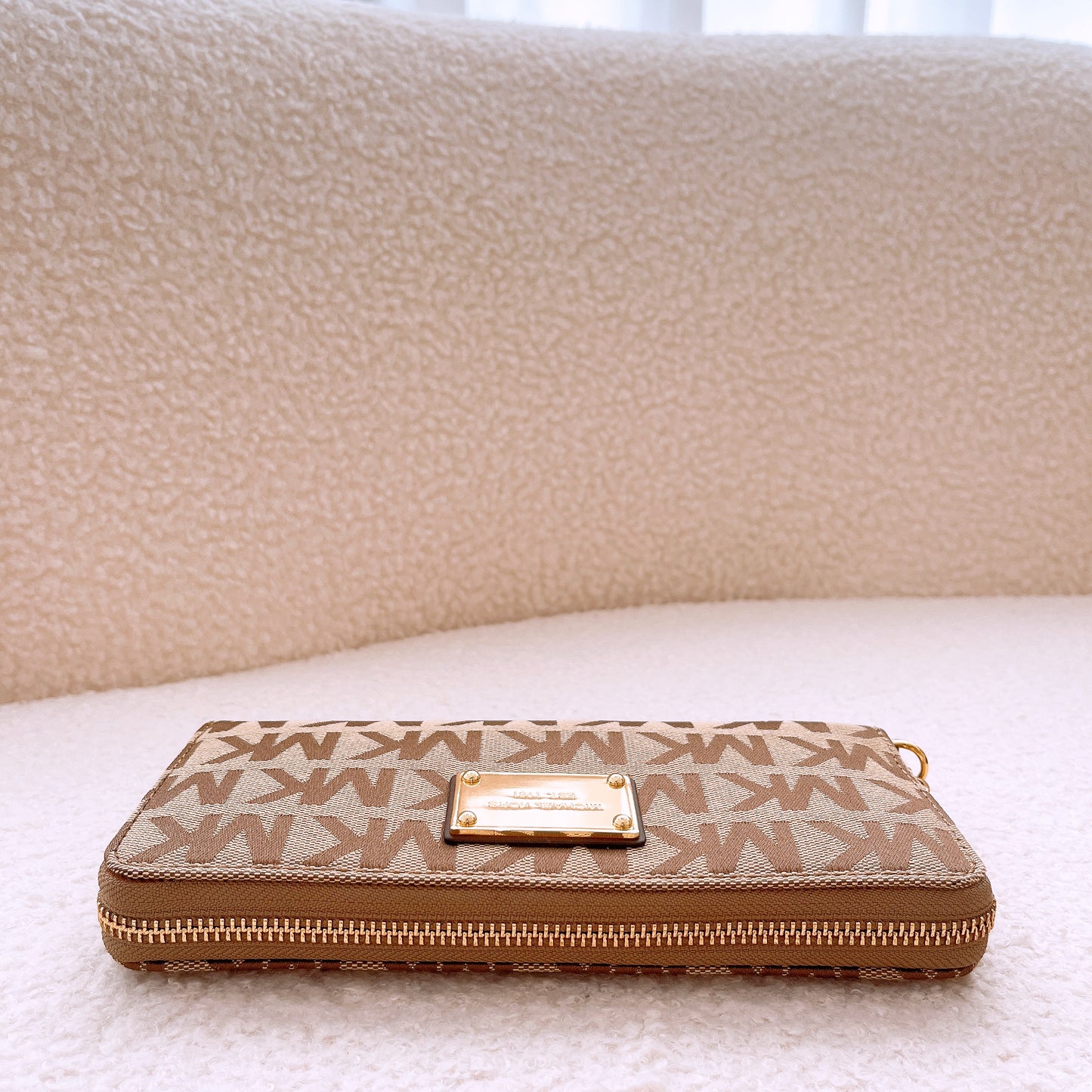Michael Kors MK Logo Zip Around Continental Wallet in Beige, Ebony & Mocha