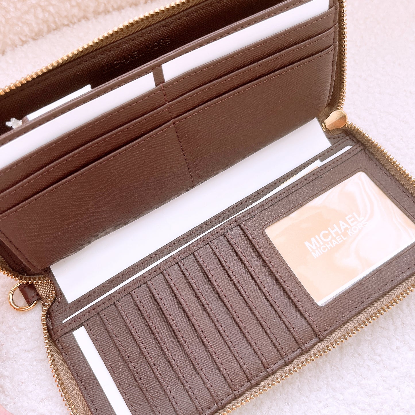 Michael Kors MK Logo Zip Around Continental Wallet in Beige, Ebony & Mocha