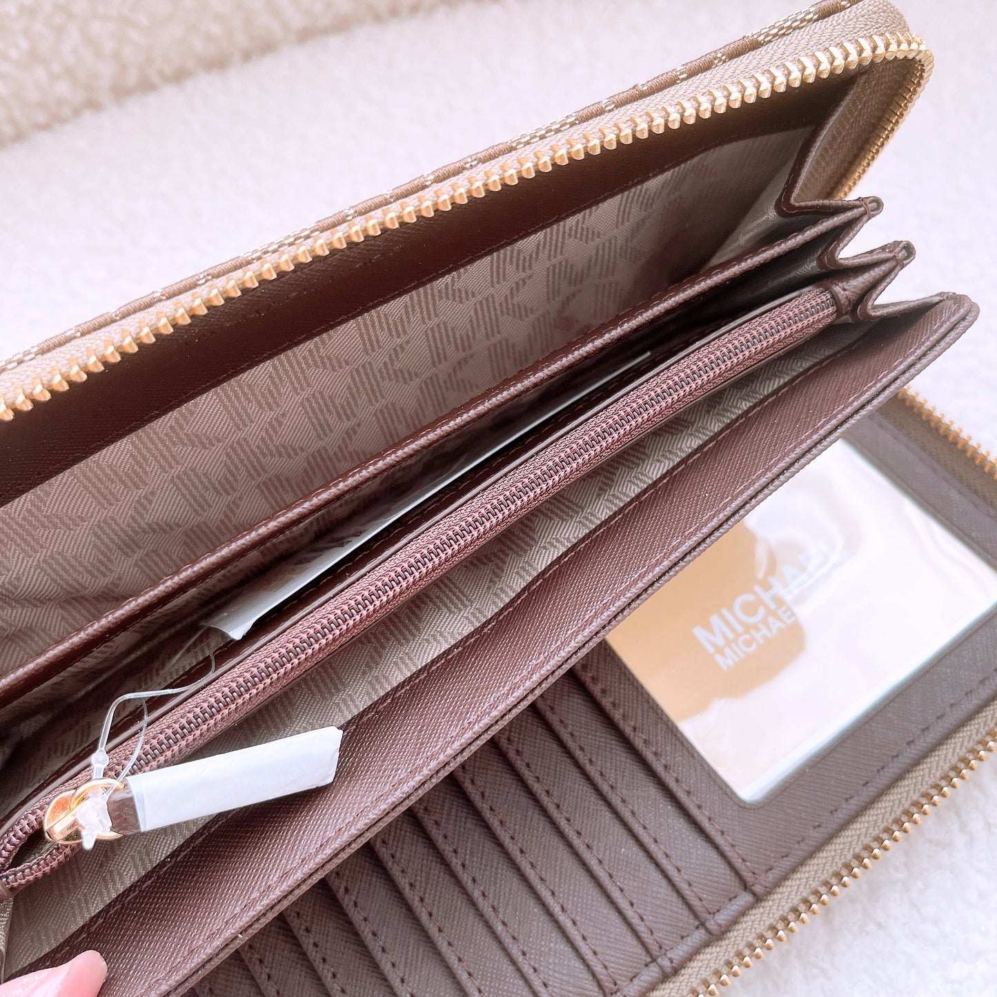 Michael Kors MK Logo Zip Around Continental Wallet in Beige, Ebony & Mocha