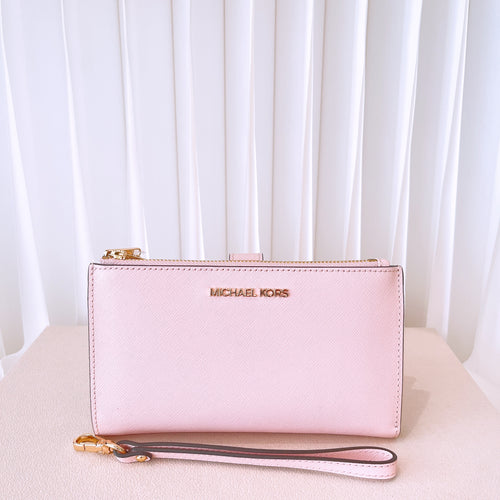 Michael Kors Jet Set Travel Double Zip Saffiano Leather Wristlet Wallet Blossom