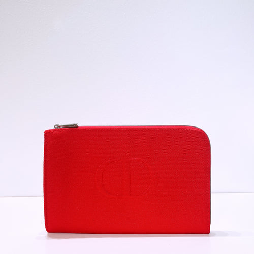 Dior Beauty Logo Red Canvas Corner Zipper Clutch