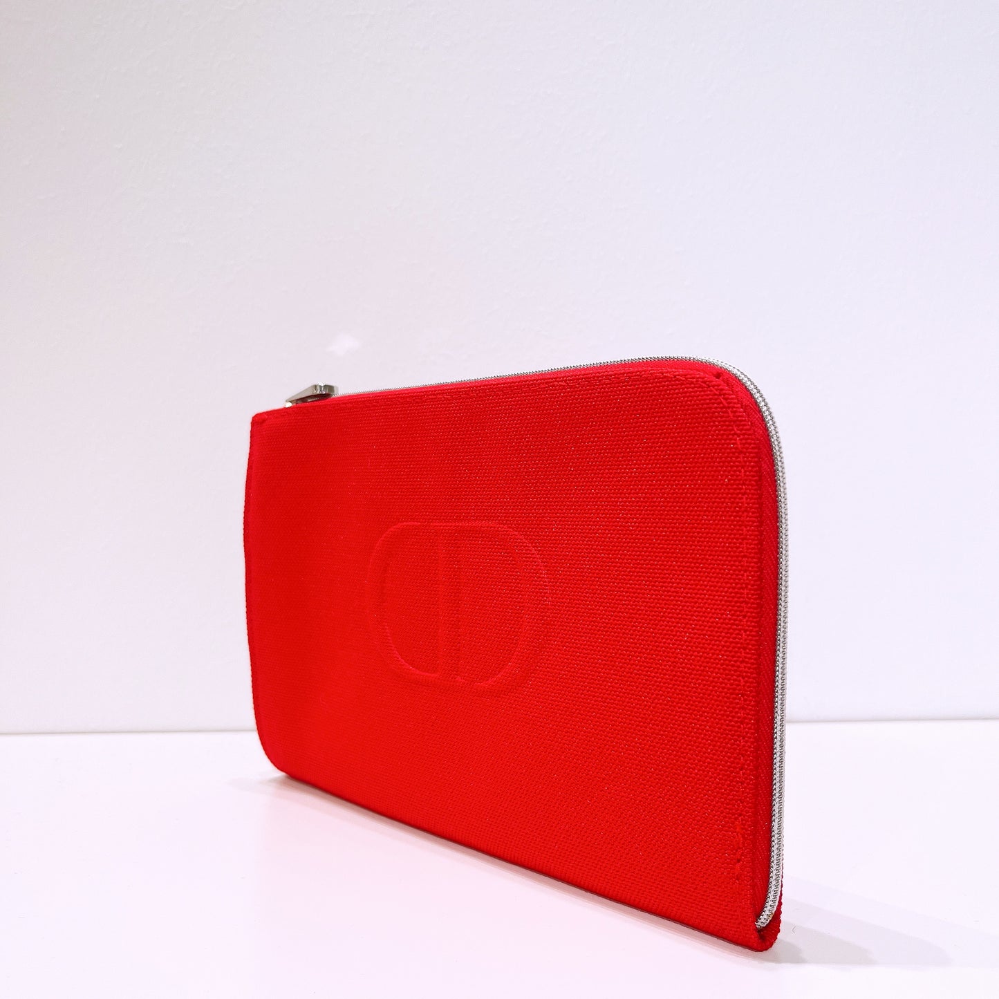 Dior Beauty Logo Red Canvas Corner Zipper Clutch