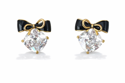 Black bow square earrings