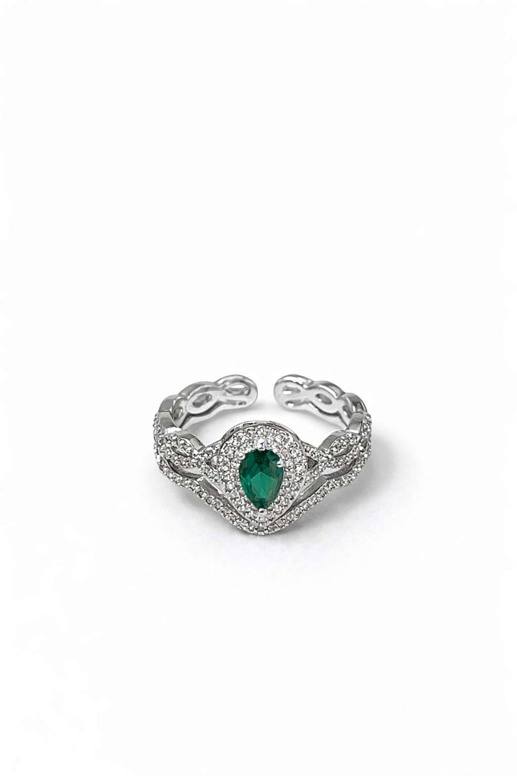 Silver inlaid pear-shaped cut green gemstone ring