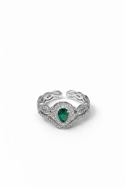 Silver inlaid pear-shaped cut green gemstone ring