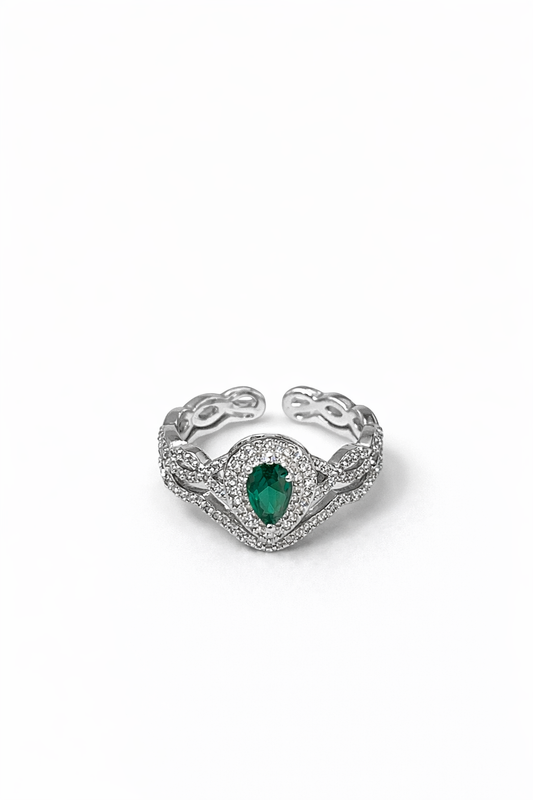 Silver inlaid pear-shaped cut green gemstone ring