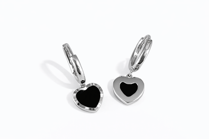 Black enamel heart-shaped pendant earrings