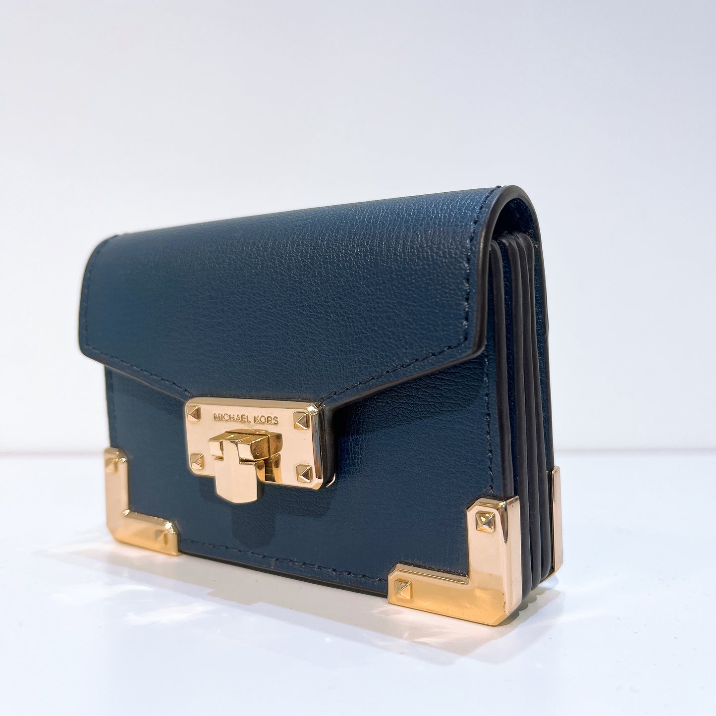 Michael Kors Leather Kinsley Accordion Key Card Holder Wallet (Navy)