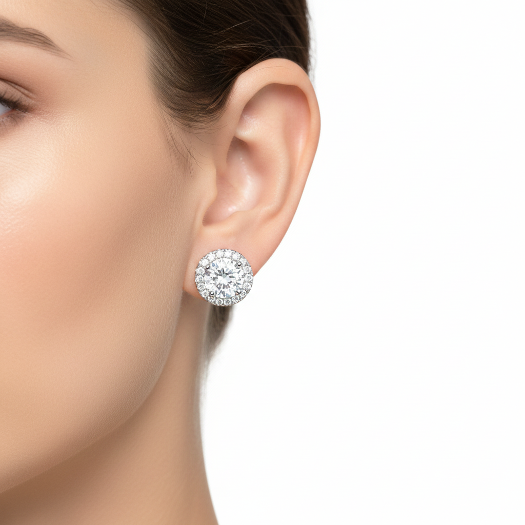 Sterling Silver Round Cut Halo Earrings