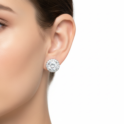 Sterling Silver Round Cut Halo Earrings