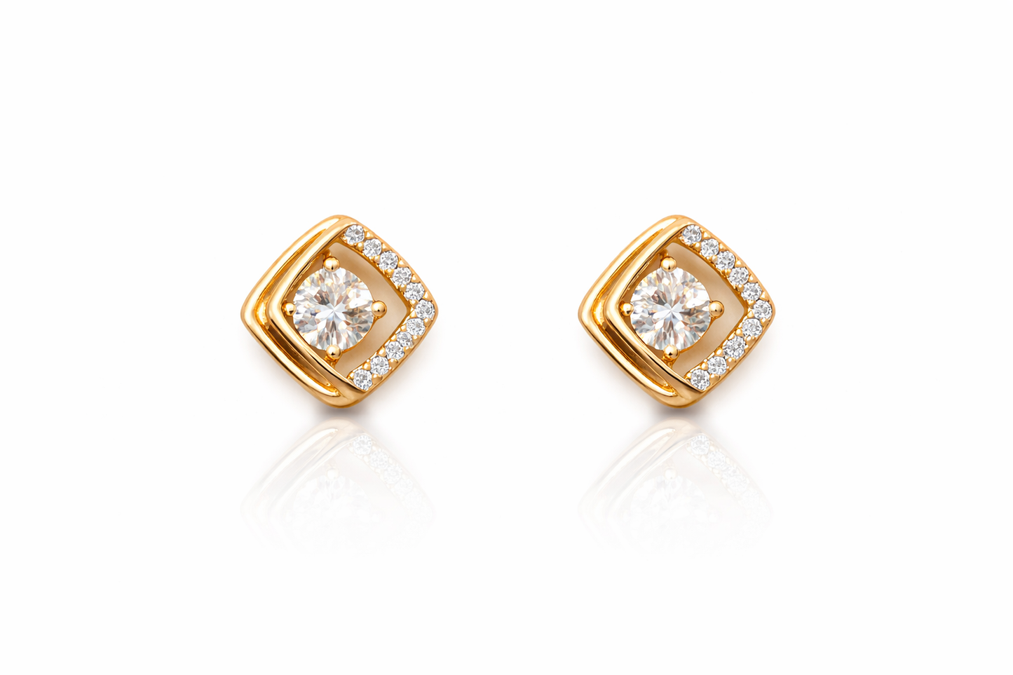 Gold square halo diamond stud earrings