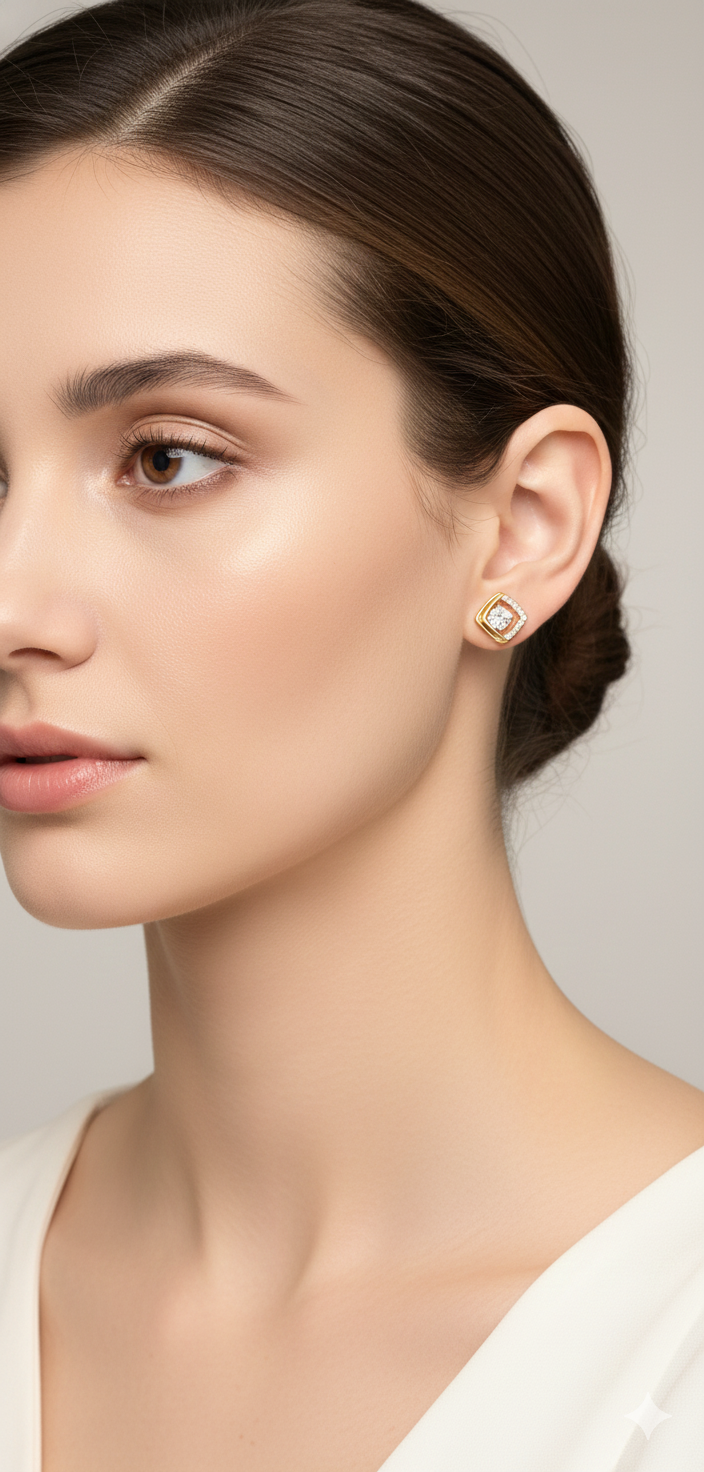 Gold square halo diamond stud earrings