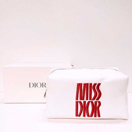 Miss Dior Logo Embroidered White Makeup Bag