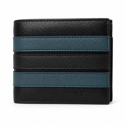 Coach Compact ID 3 in 1 Varsity Stripe Black Denim Midnight Navy Wallet