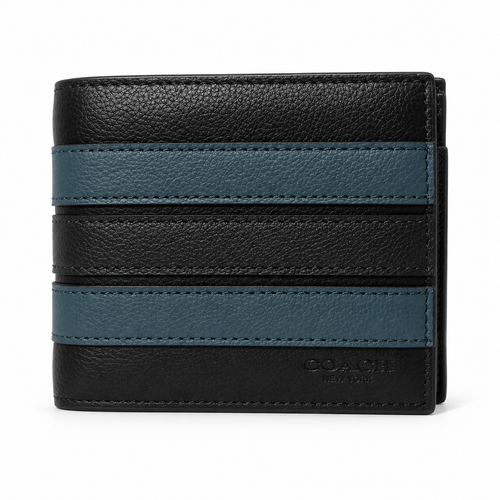 Coach Compact ID 3 in 1 Varsity Stripe Black Denim Midnight Navy Wallet