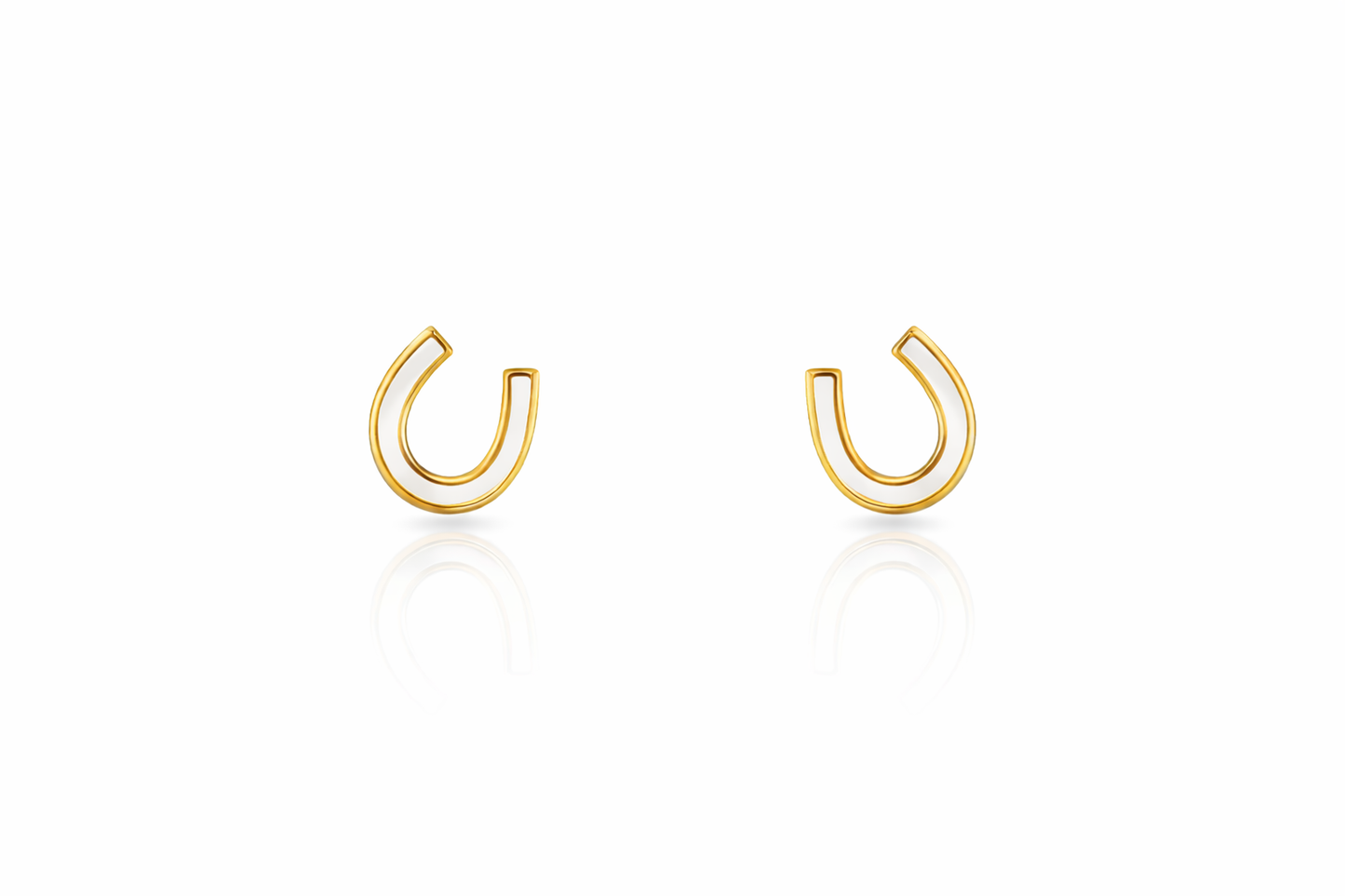 White enamel gold horseshoe stud earrings